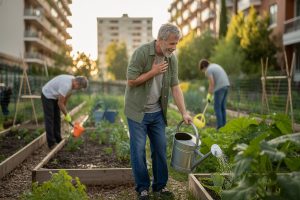 Jardinier essoufflé s'appuie sur arrosoir dans potager urbain matinal