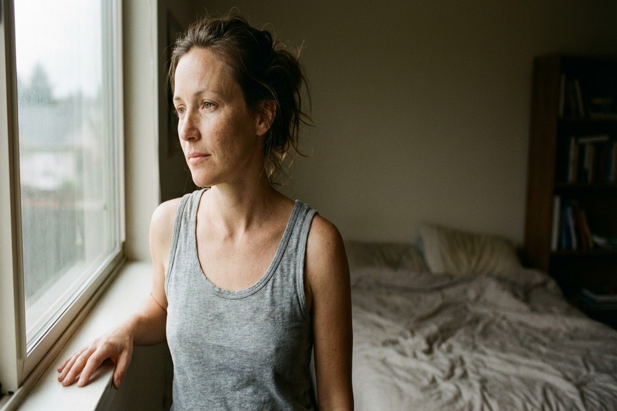 Une femme authentique et sereine, debout près d'une fenêtre dans une lumière naturelle douce, illustrant l'acceptation de soi.