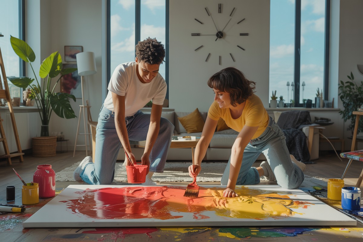 Deux artistes peignant une toile sous une horloge marquant 15h15, lumière chaude