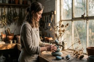 Femme créant une composition harmonieuse de pierres et plantes dans un atelier baigné de lumière naturelle