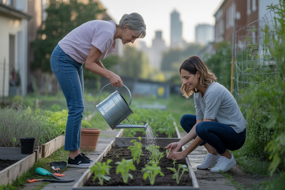 Deux femmes jardinent sereinement dans un potager urbain verdoyant au petit matin
