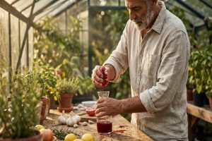 Homme senior pressant une grenade fraîche dans une serre lumineuse pour un remède naturel