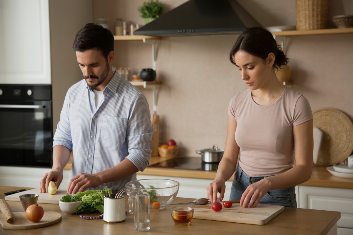 Couple prépare le dîner en silence dans une cuisine lumineuse, distance palpable