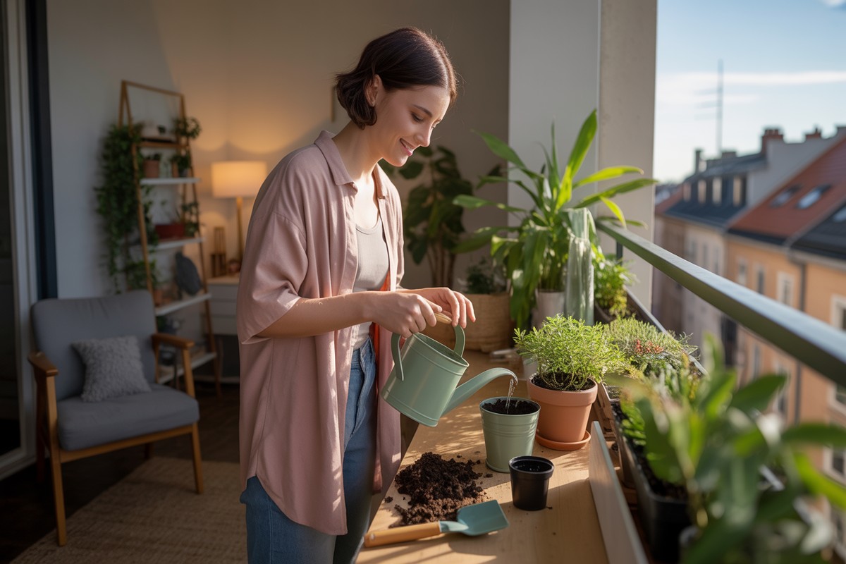 Femme arrosant des plantes sur un balcon ensoleillé, illustrant la reconstruction après rupture
