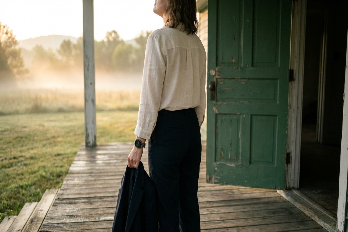 Femme de dos sur un porche au lever du soleil, tenant sa veste, regardant vers un nouveau départ.