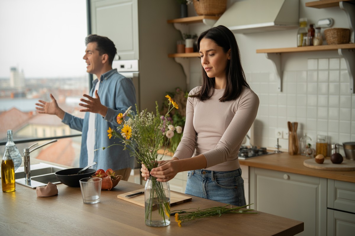 Femme arrange des fleurs calmement, homme agité gesticule derrière dans une cuisine moderne lumineuse