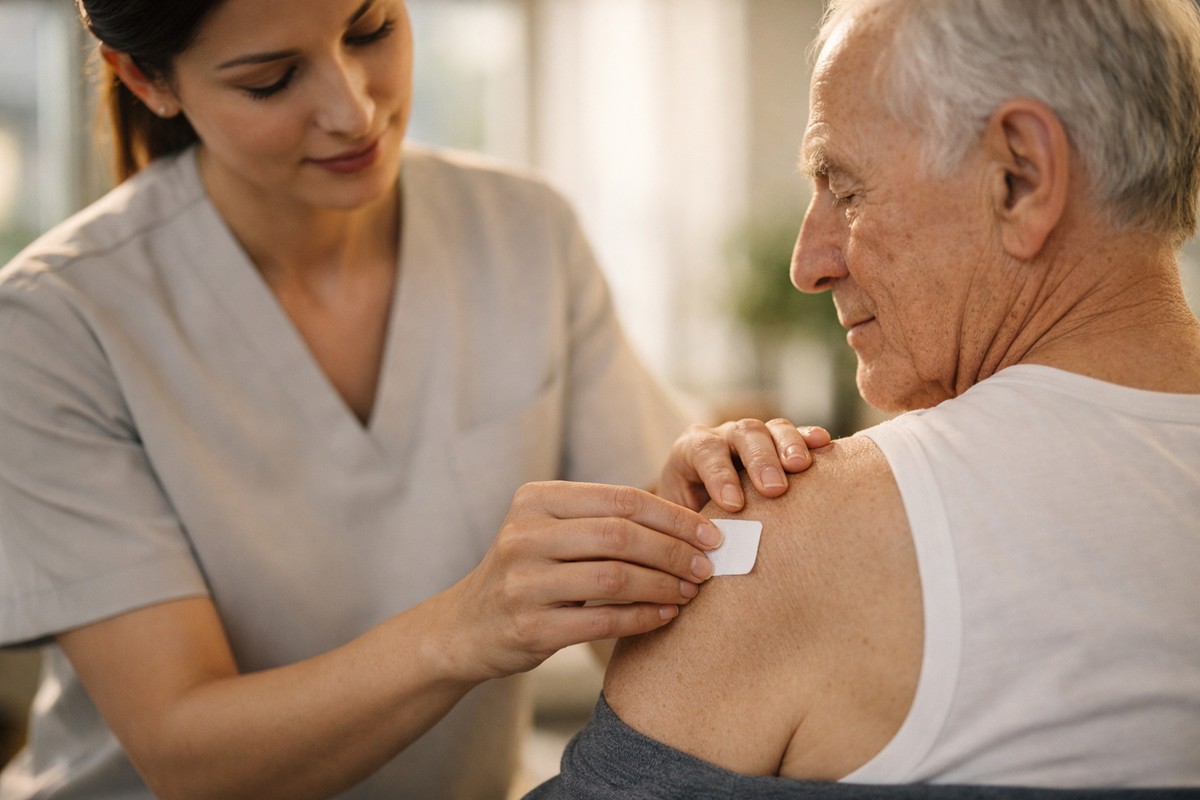 Un spécialiste de la santé ajuste un traitement médical avec bienveillance pour un patient.