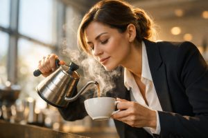 Cadre élégante verse et inhale vapeur espresso dans café moderne lumineux.