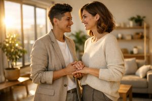 Couple diversifié partageant consentement gestuel confiant dans loft lumineux moderne.