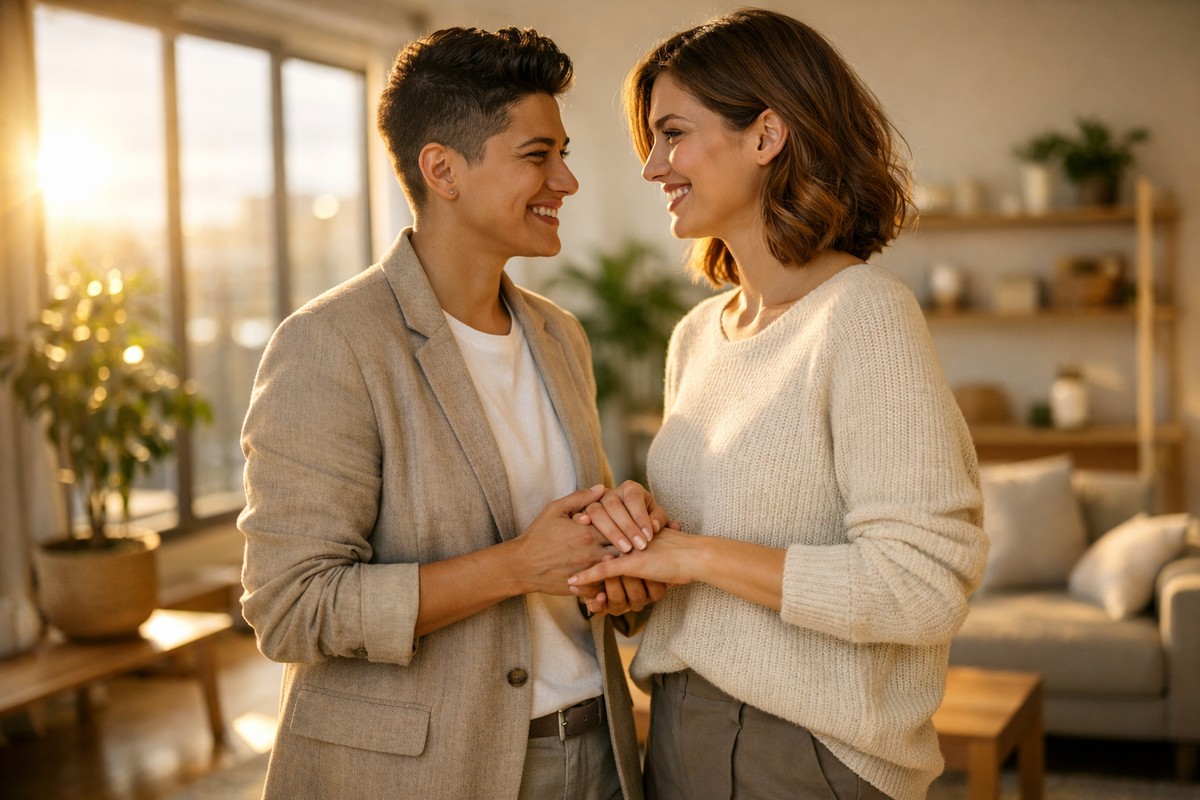 Couple diversifié partageant consentement gestuel confiant dans loft lumineux moderne.