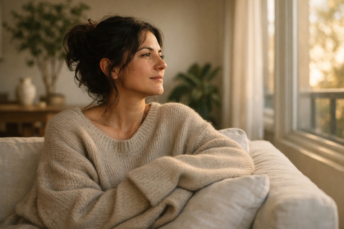 Femme sereine prenant une pause relaxante dans un salon lumineux et moderne.