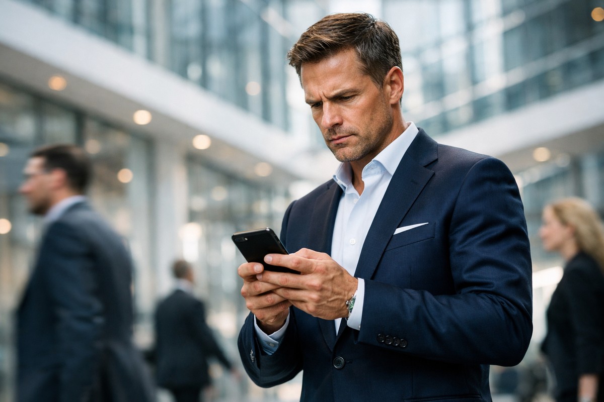 Homme d'affaires élégant fixant intensément son téléphone au milieu d'un hall d'entreprise moderne.