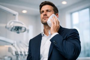Homme d'affaires applique poche de glace sur joue gonflée dans cabinet dentaire moderne.