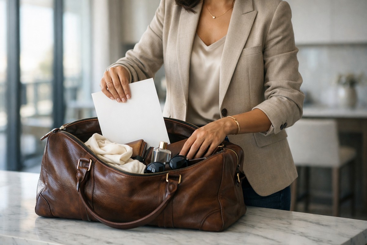 Femme déterminée rangeant des documents dans un sac de voyage luxueux