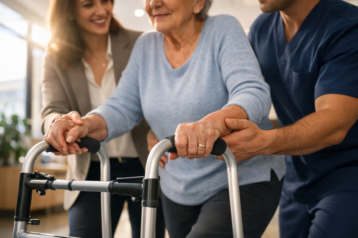 Patiente âgée en rééducation active soutenue par un kinésithérapeute et sa famille dans une clinique moderne.