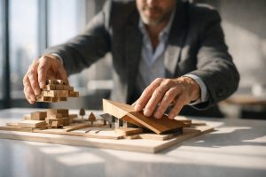Professionnel modifiant activement une maquette architecturale dans un studio lumineux et haut de gamme.