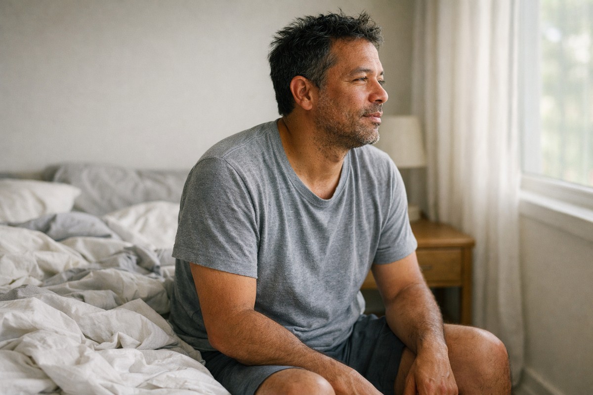 Homme assis au bord de son lit reprenant son souffle après un cauchemar.