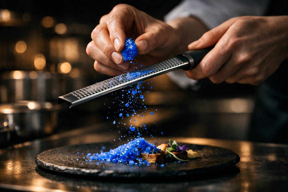Gros plan d'un chef manipulant des cristaux de sel bleu de Perse.