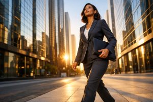 Exécutive confiante marche quartier financier aligné, symbolisant stabilité spirituelle.