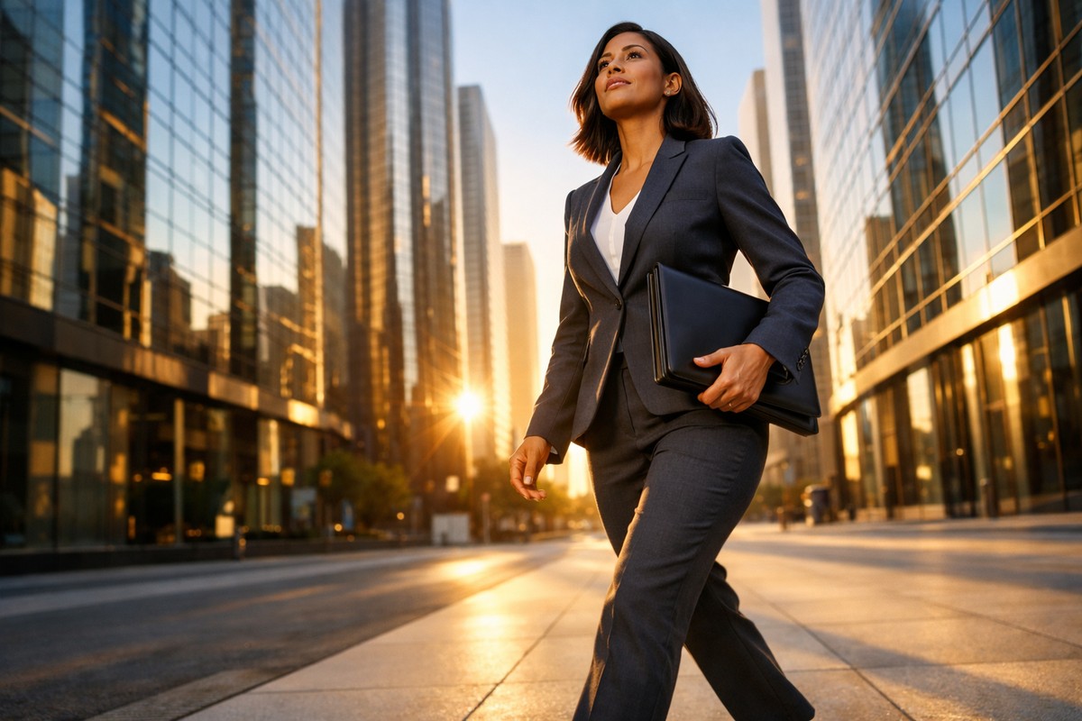 Exécutive confiante marche quartier financier aligné, symbolisant stabilité spirituelle.