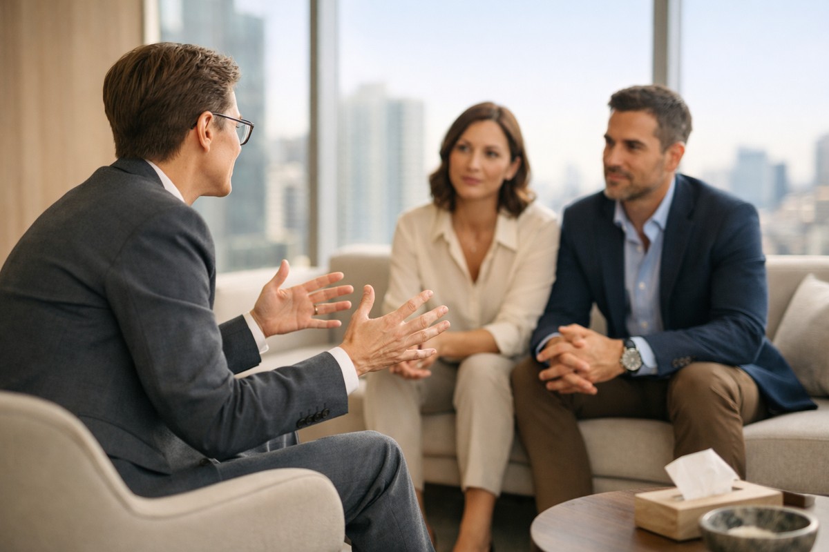 Thérapeute échangeant dynamiquement avec un couple dans un cabinet moderne