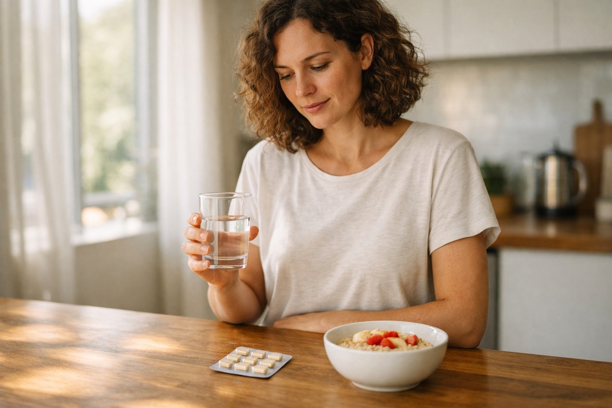 Femme prenant un probiotique avec un verre d'eau pendant son petit-déjeuner dans une cuisine lumineuse.