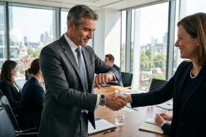 Exécutive vérifie montre à 10h10 puis serre main avec détermination en salle de réunion moderne.