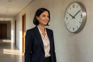 Femme professionnelle fixe horloge murale à 12h12 dans couloir lumineux, sourire déterminé et éclairé.