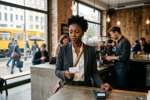 Femme professionnelle examine ticket 2,22€ au comptoir café, moment réflexion synchronique.