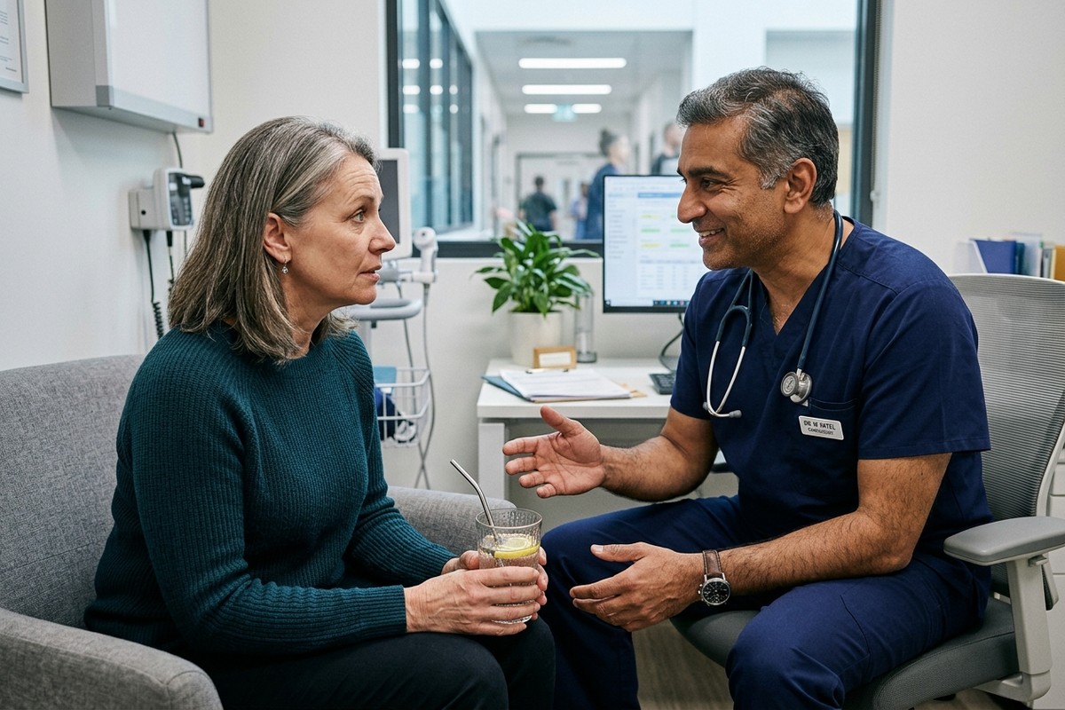 Cardiologue rassure patiente anxieuse tenant verre d'eau citronnée en consultation médicale moderne.