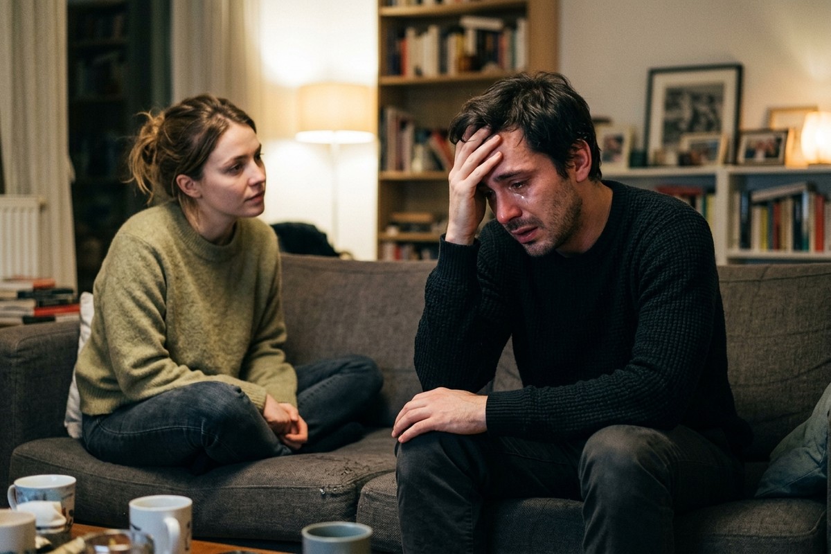 Homme interrompt dispute sur canapé, larmes aux yeux, partenaire observe avec empathie attentive.