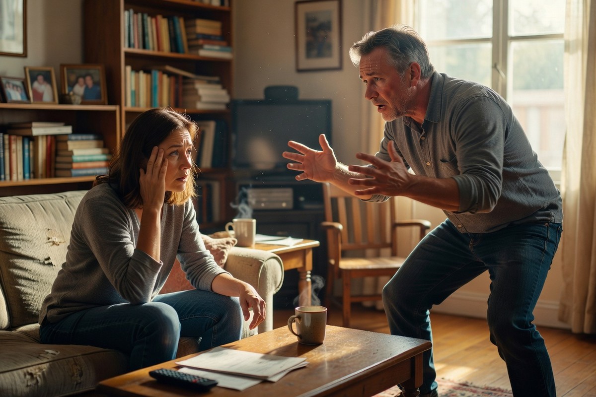 Femme dubitative face à partenaire gesticulant lors d'échange tendu dans salon moderne.