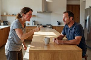 Femme en crise d'irritabilité bipolaire pointe tasse oubliée vers partenaire choqué en cuisine lumineuse.
