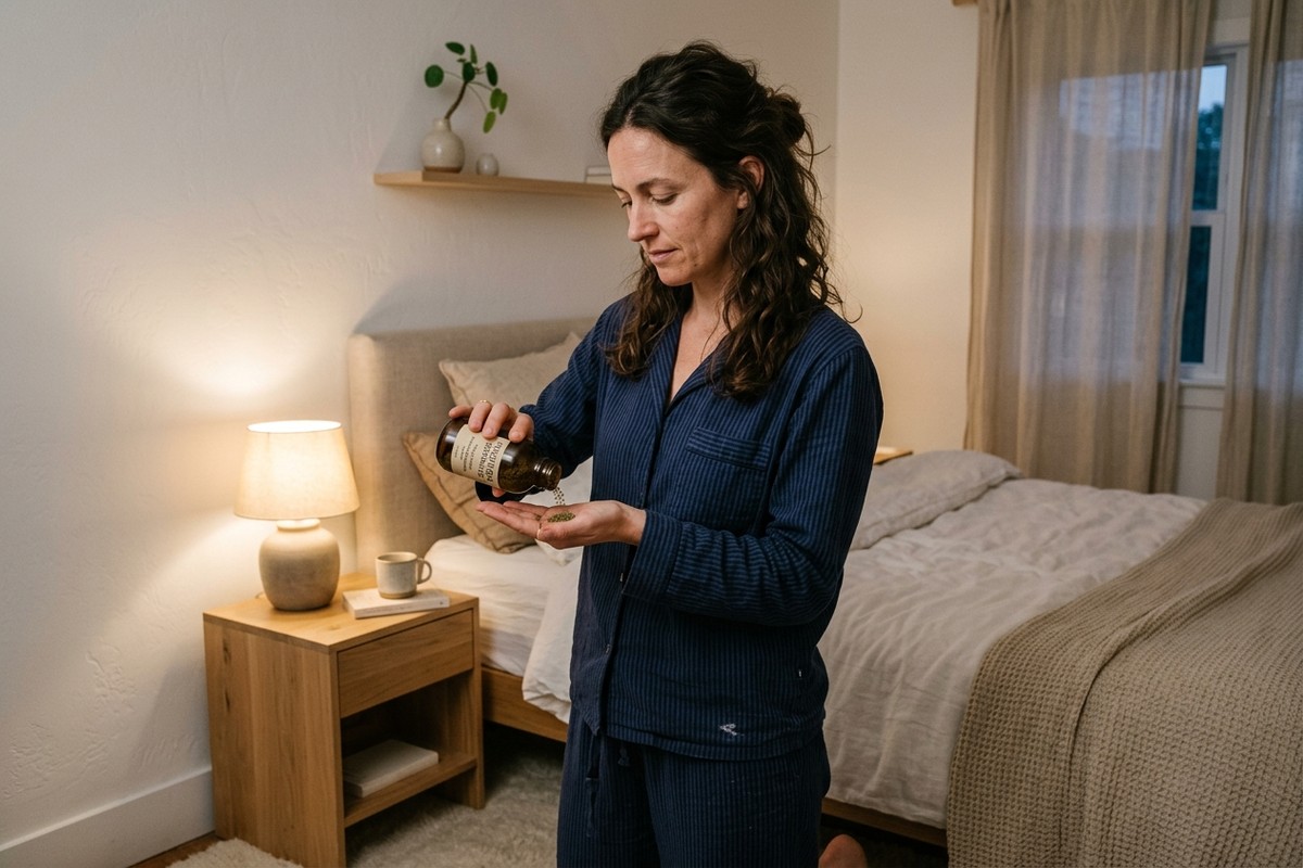 Femme prenant granules Passiflora Composé dans chambre moderne avant le coucher serein.