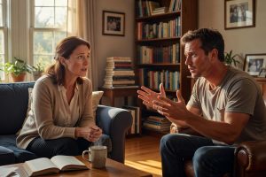 Ami attentif face à proche en crise bipolaire dans conversation intense et bienveillante.