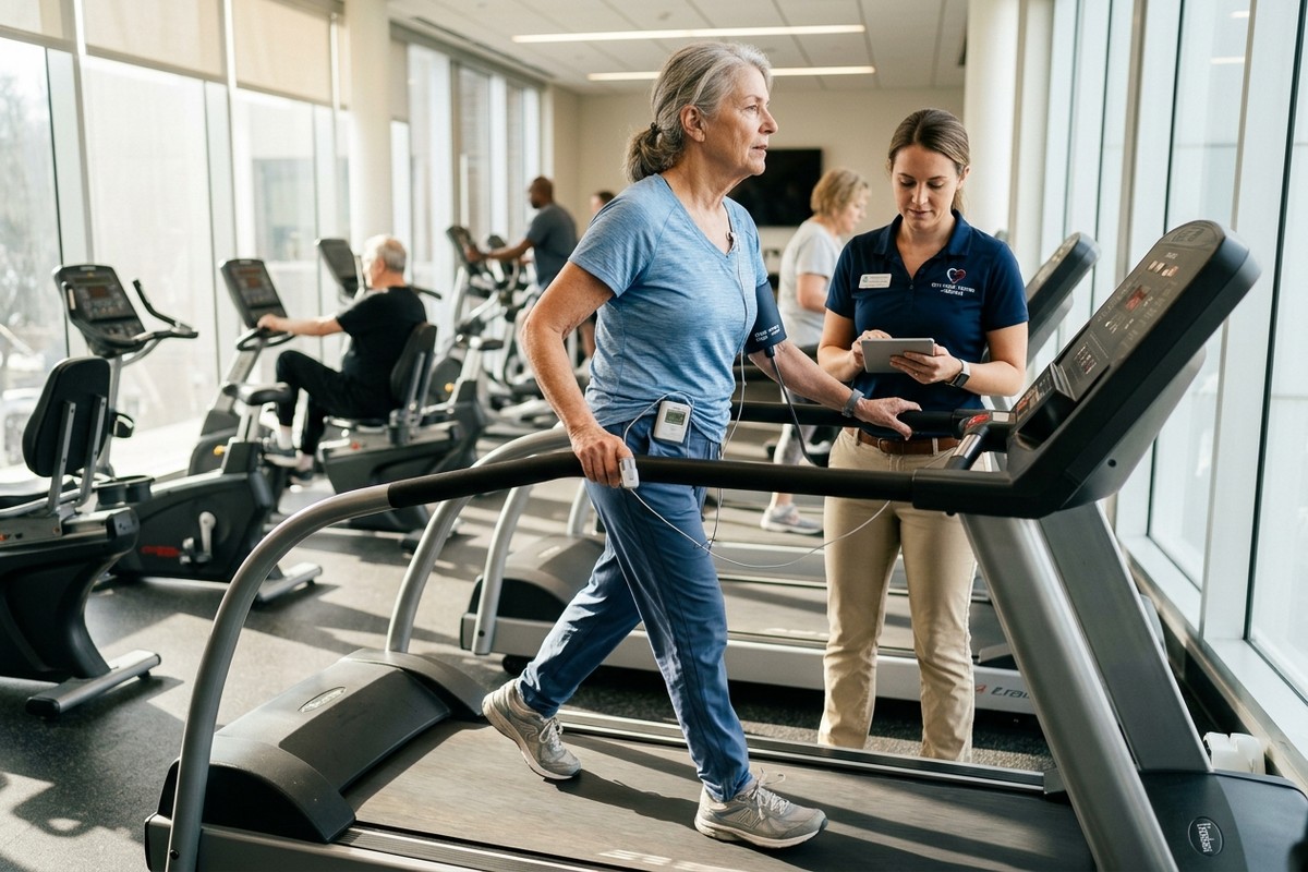 Patient âgé marche vite sur tapis en rééducation cardiaque, coach vérifie moniteurs de santé.