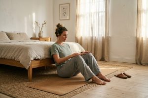 Femme de 30 ans effectue exercices de Kegel sur tapis de yoga dans chambre lumineuse moderne.