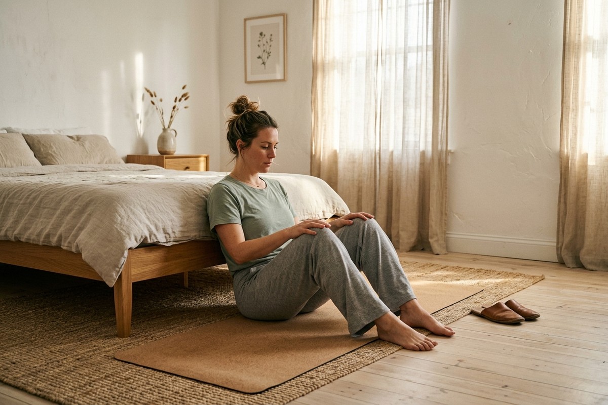 Femme de 30 ans effectue exercices de Kegel sur tapis de yoga dans chambre lumineuse moderne.