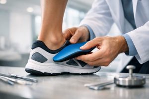 Podologue ajuste semelle orthopédique sur pied patient dans cabinet moderne lumineux.