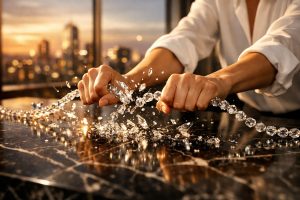 Mains executive brisant chaîne cristal dans penthouse lumineux vue skyline.