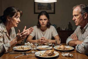 Jeune fille cachant émotions en serrant doigts sous table lors dîner familial tendu avec parents.