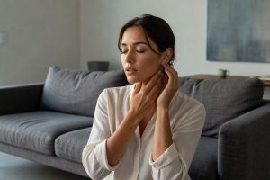 Femme touchant son oreille gauche pensivement, yeux fermés sur canapé moderne, en introspection calme.