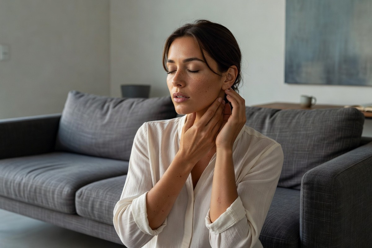 Femme touchant son oreille gauche pensivement, yeux fermés sur canapé moderne, en introspection calme.
