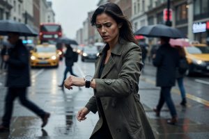 Femme s'arrête en rue animée, consulte montre à 13h31 avec air pensif et déterminé.