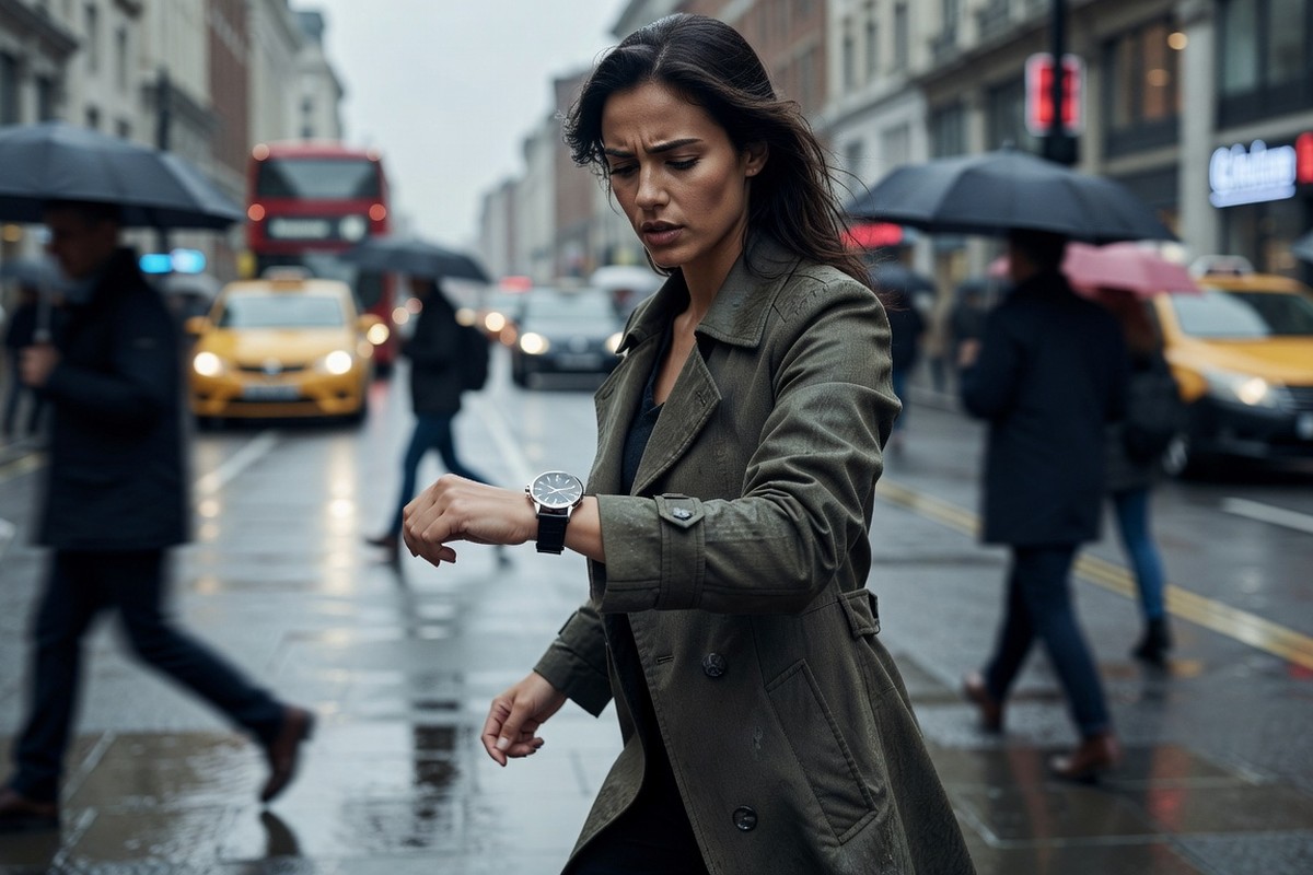 Femme s'arrête en rue animée, consulte montre à 13h31 avec air pensif et déterminé.