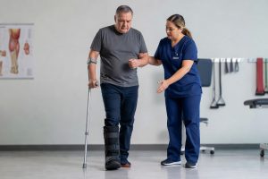 Kinésithérapeute aidant patient en botte de marche à tester premiers appuis partiels en salle de rééducation.
