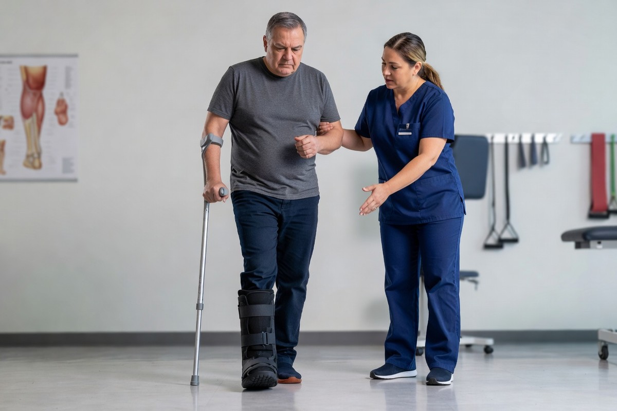 Kinésithérapeute aidant patient en botte de marche à tester premiers appuis partiels en salle de rééducation.