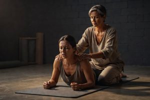 Participant en respiration holotropique intense, facilitateur intervenant corporellement lors d'atelier collectif sécurisé.