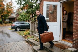 Homme quittant domicile valise en main, regard déterminé vers femme à l'intérieur, rupture emprise.