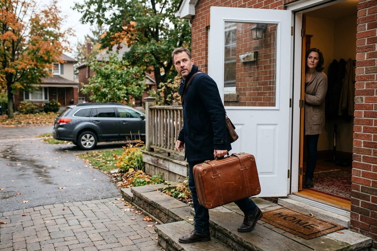 Homme quittant domicile valise en main, regard déterminé vers femme à l'intérieur, rupture emprise.